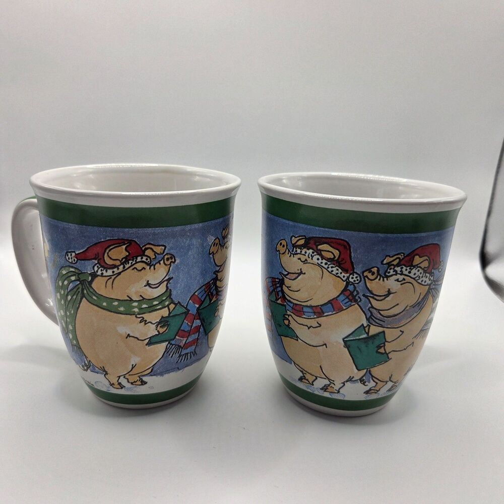 The Stone Bunny Telle M Stein Christmas Pig Mugs Set of 2 2001 Georgia USA